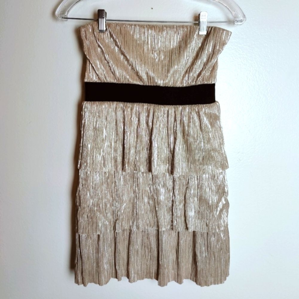 Forever 21 Gold Metallic Foil Pleated Plisse Tiered Ruffle Mini Party Dress, S